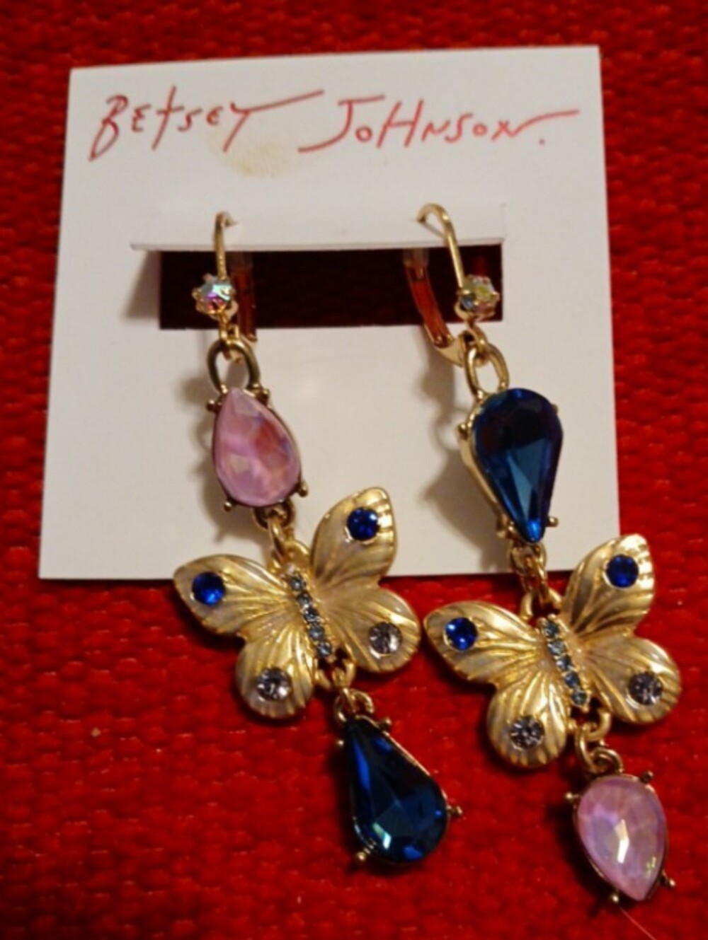 Betsey Johnson Gold Butterfly Drop Earrings with Blue and Pink Teardrops